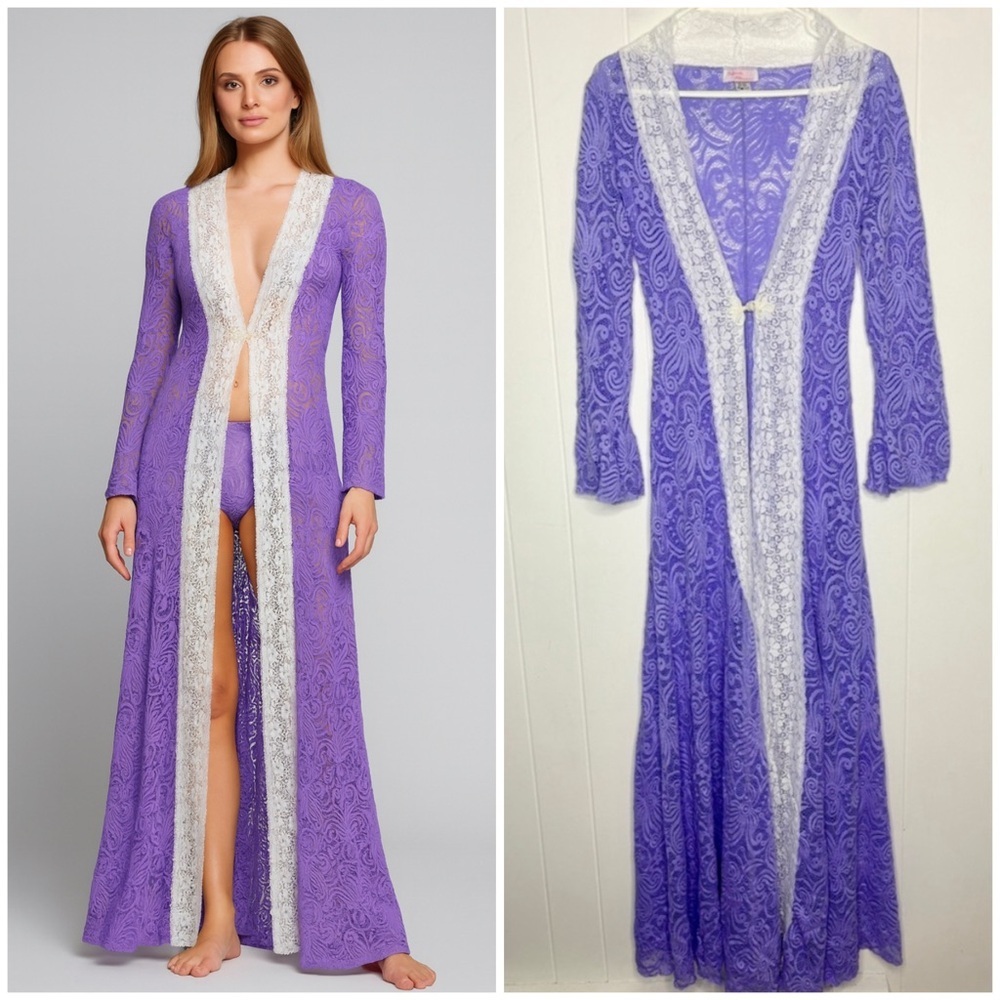 ✨VINTAGE Long Purple Lace Nightgown Robe Sheer Fairycore Glam Retro Whimsy Small